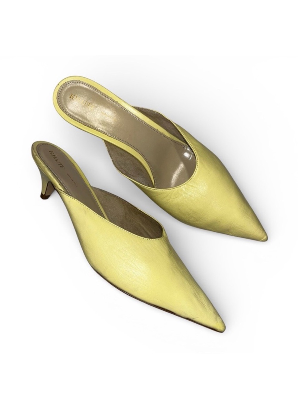 Khaite Yellow Leather Mules Pointed Toe Kitten Heel 7.5 Quiet Luxury 🟡
